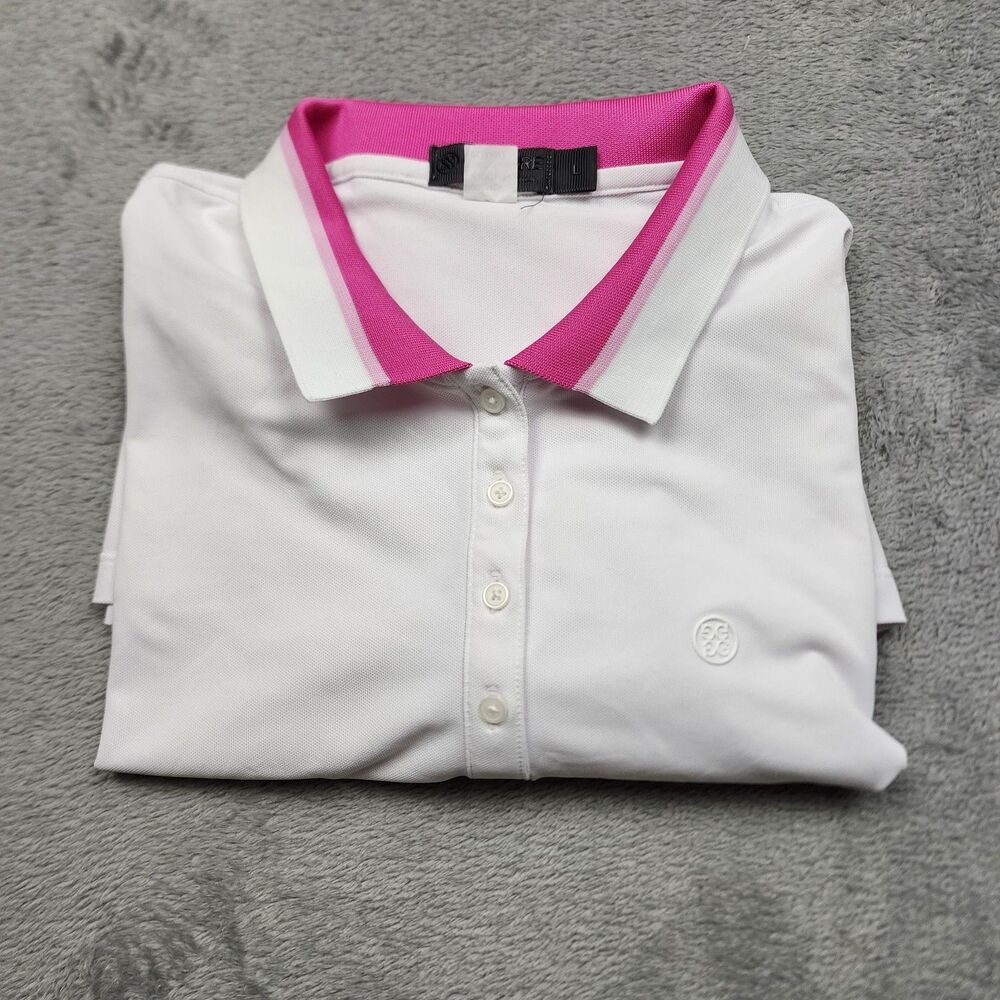 G/FORE Womens L White Pink Polo Golf Shirt Performance Short Sleeve Luxury Wear